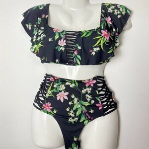 TiNi BiKiNi Black floral flounce high waisted 2 piece Xlarge bikini